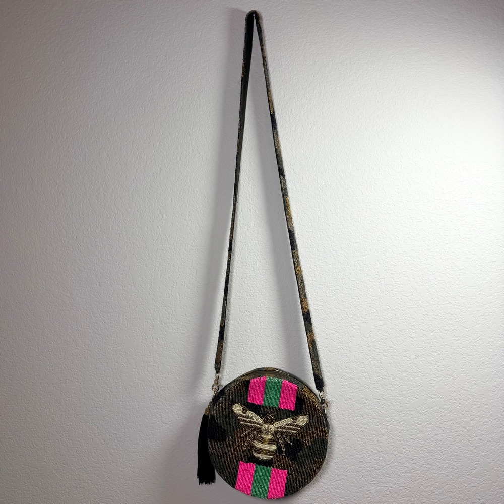 Moyna Beaded Camo Bee Round Crossbody Bag Pink Green Stripe Tassel Handbag